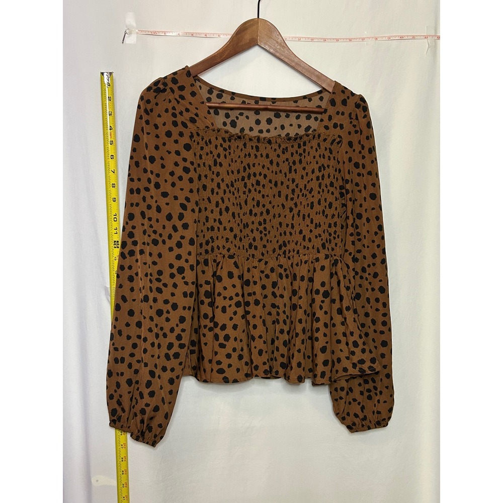 Shein Brown Black Dalmatian Print‎ Smocked Peplum Square Neck Long Sleeve Top